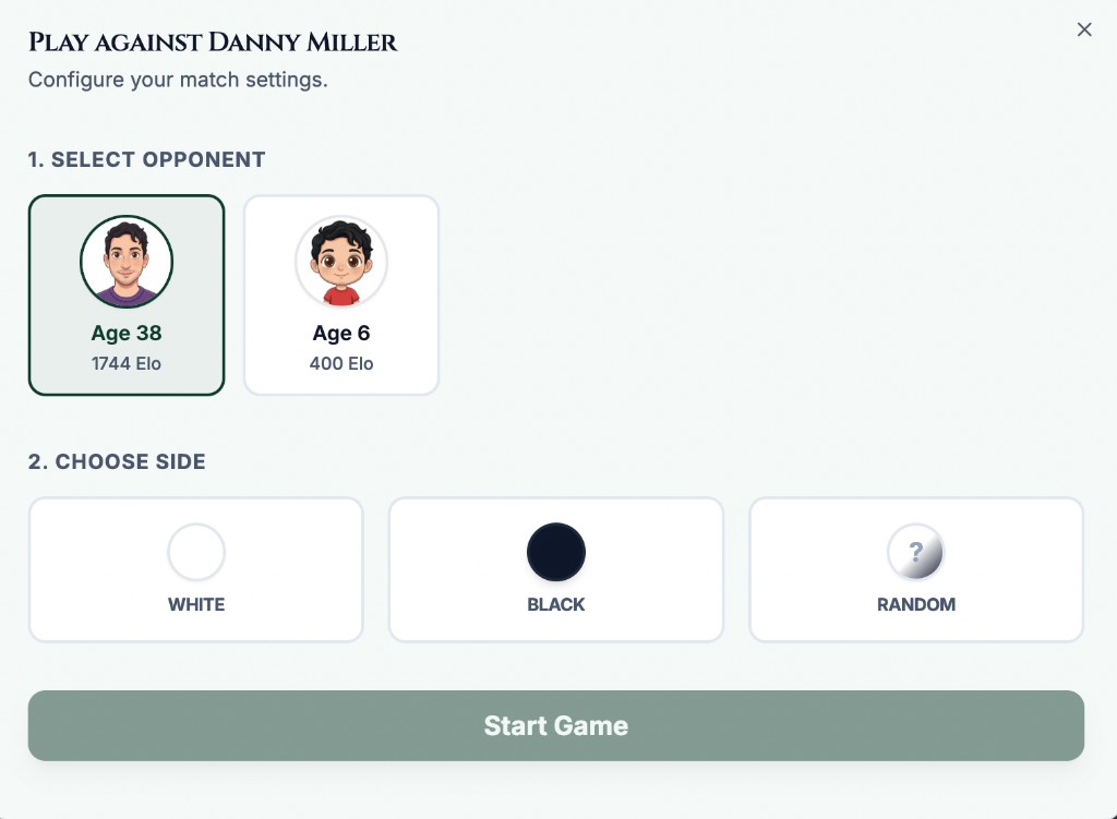 Example coach bot setup with opponent variations and White, Black, or Random side choices