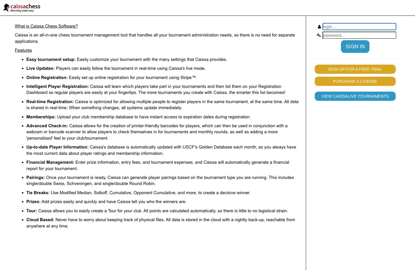 Caissa Chess Software homepage listing registration, pairings, and reporting features.