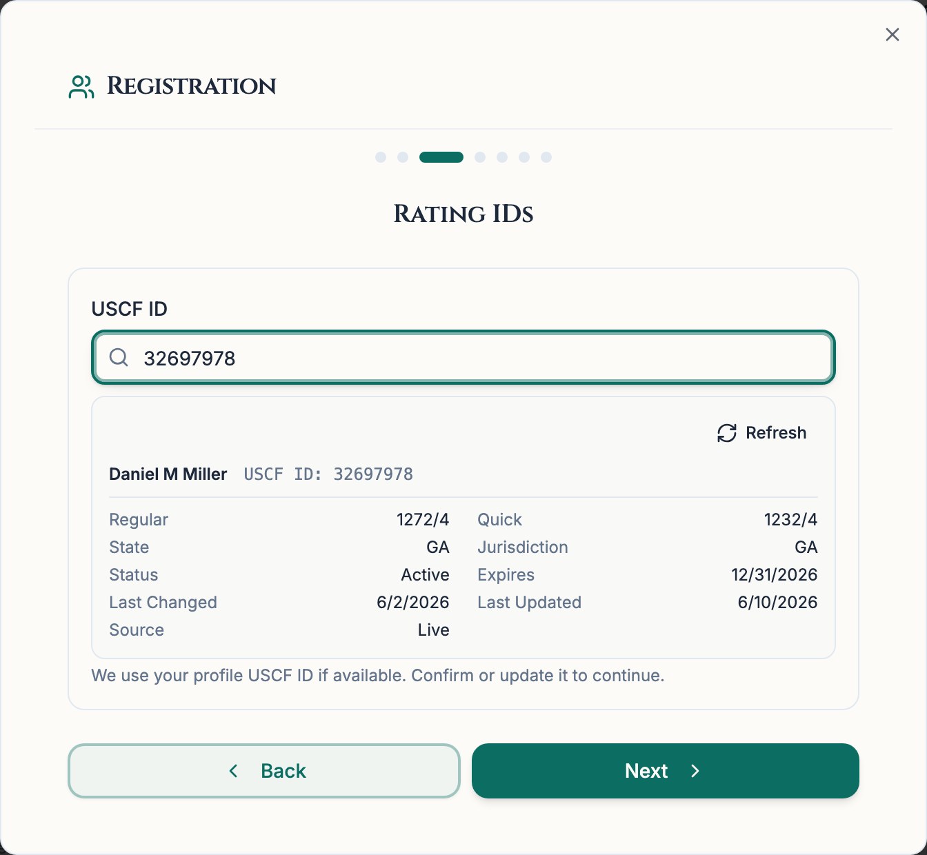 Chess67 registration step showing a USCF membership lookup with ratings, status, and expiration date.