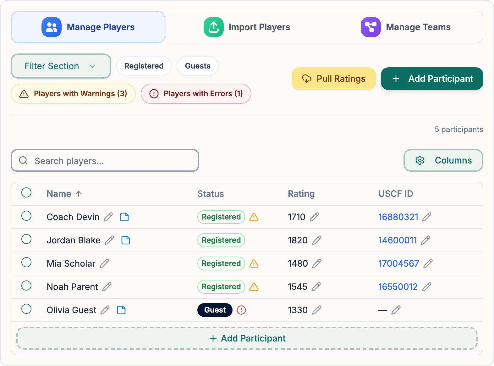 Chess67 participant roster showing registration status, ratings, USCF IDs, warnings, and a Pull Ratings action.