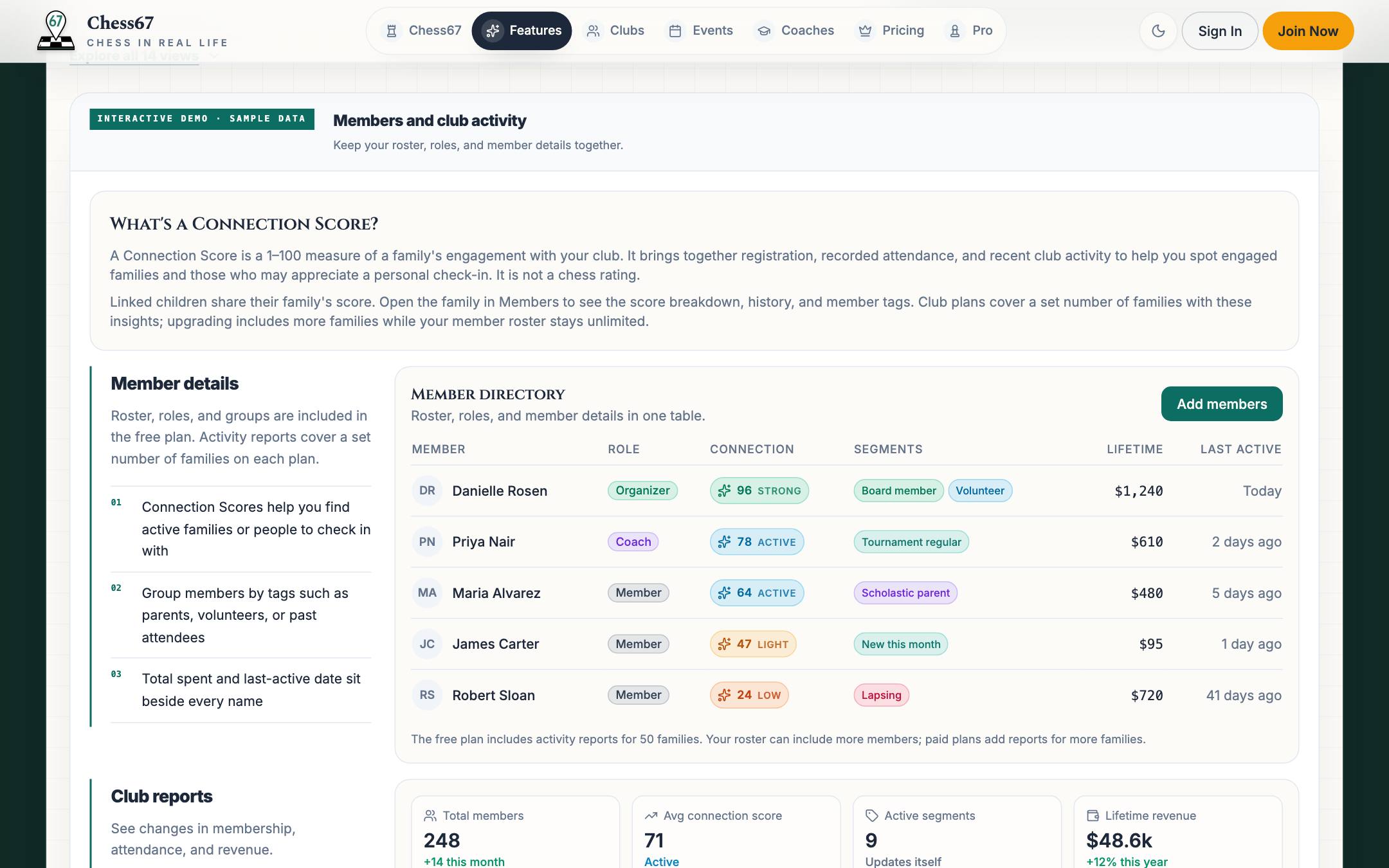 Sample club member roster with member management controls