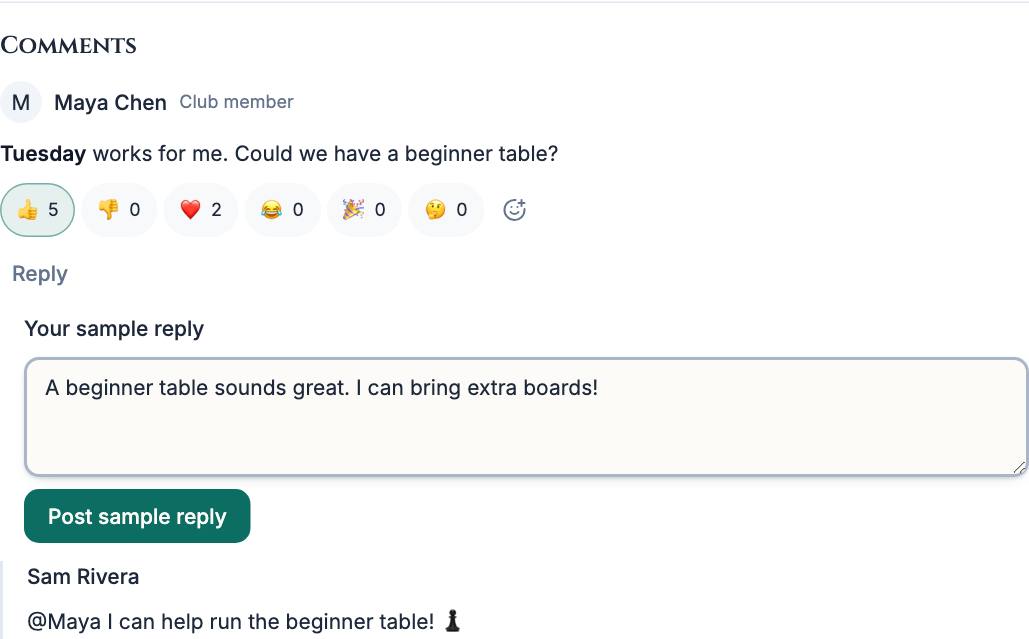 Survey discussion with member replies, emoji reaction counts, and a sample reply composer