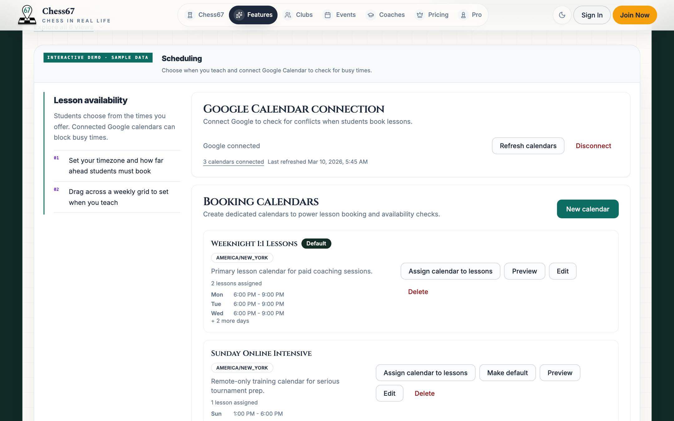 Sample coach scheduling and availability controls