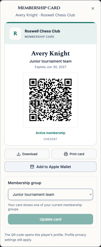 Chess67 membership card with a club group, QR code, and Add to Apple Wallet button