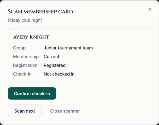 Organizer reviewing a member's group and registration before confirming check-in