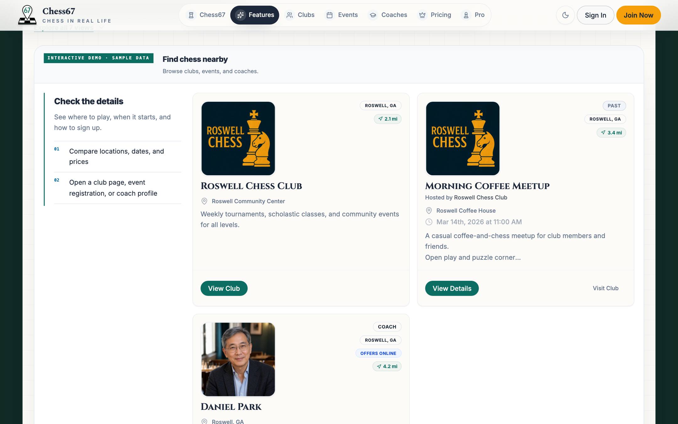 Sample discovery results for clubs, events, and coaching