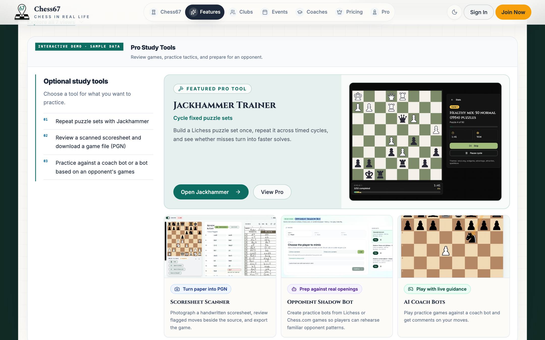 Pro study tools: Jackhammer trainer, scoresheet scanner, shadow bot, and AI coach bots