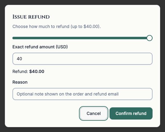 Refund dialog showing an exact amount and optional reason