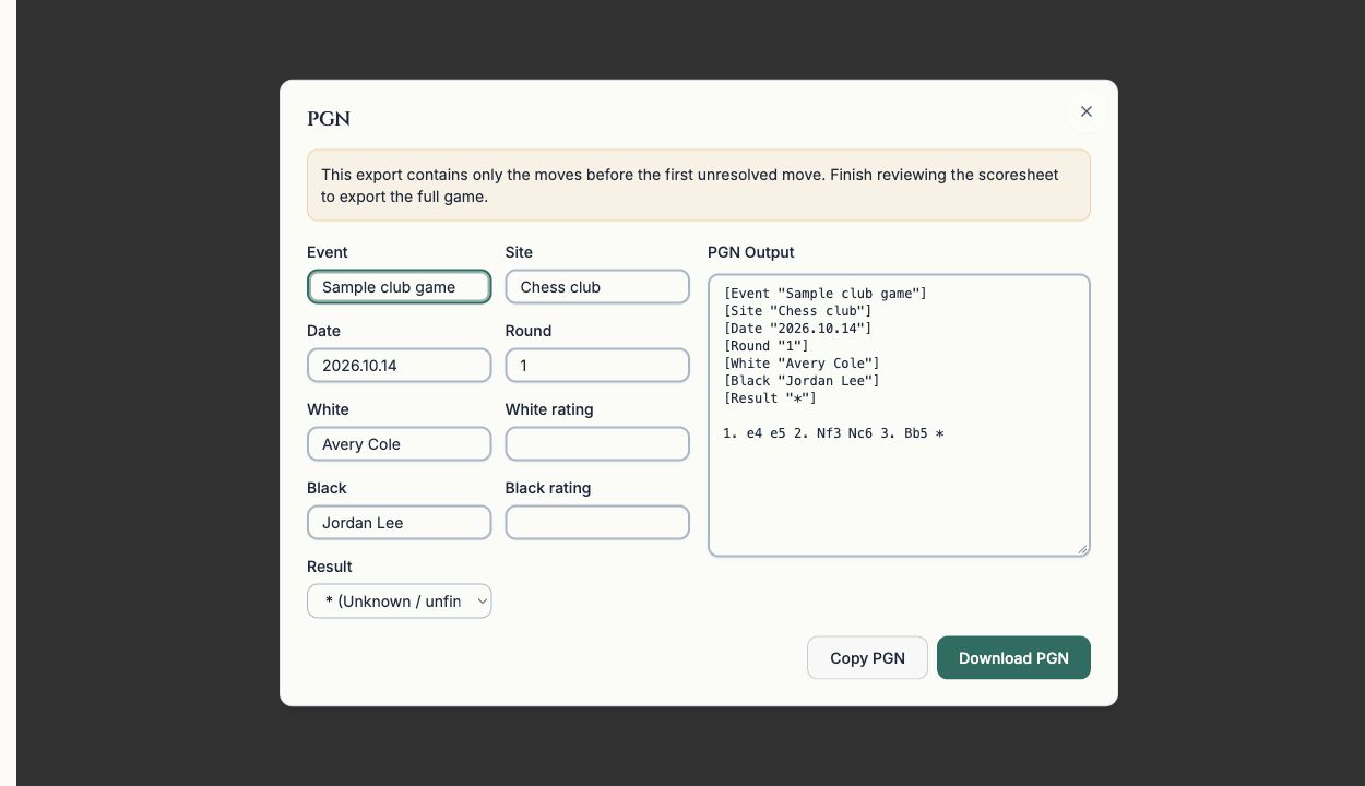 Sample PGN export dialog showing player details and a warning about an incomplete game