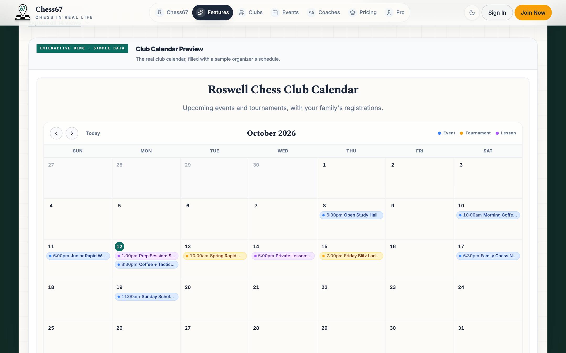 Chess club calendar view in Chess67 showing scheduled club nights, classes, and tournaments in a monthly agenda