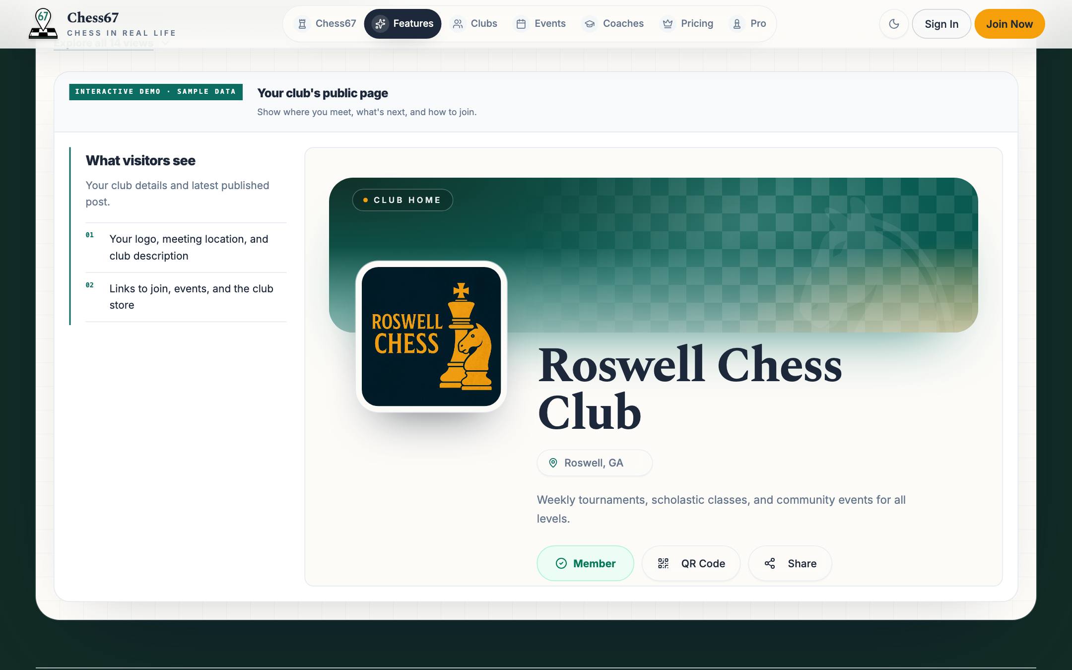 Chess67 club homepage with membership, events, calendar, and directory