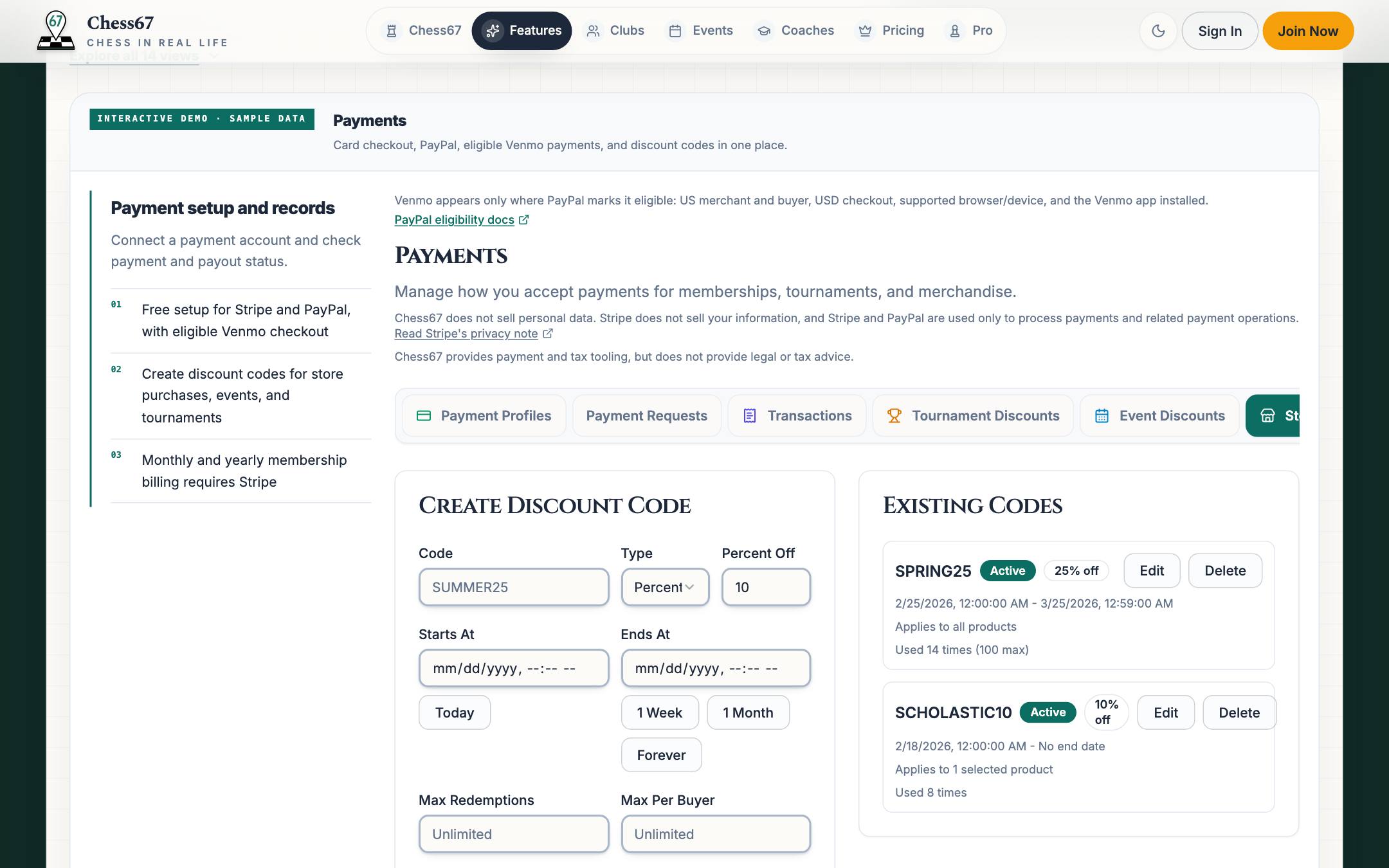Chess67 payments control center with Stripe checkout settings and discount code management for registration fees