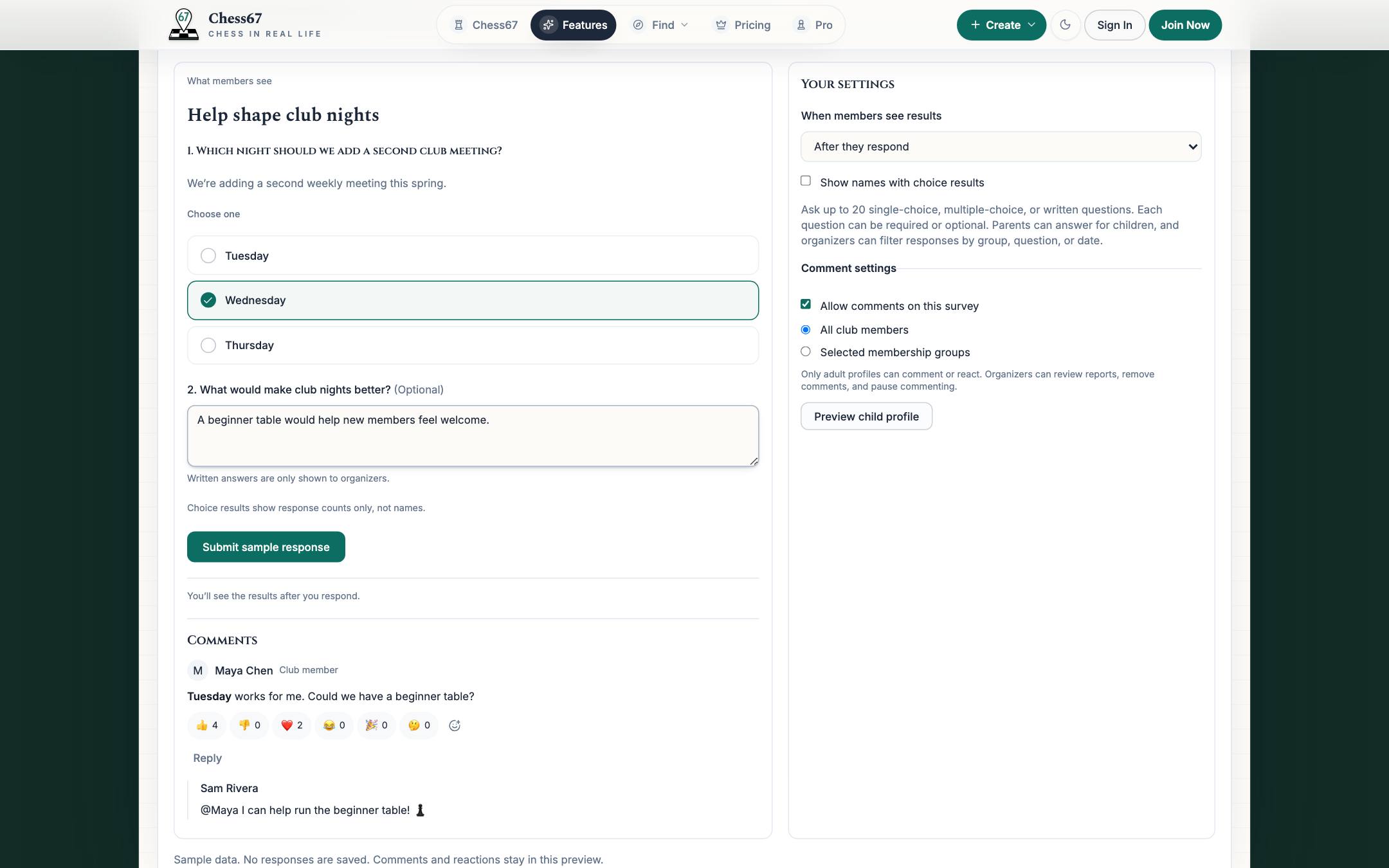 Chess67 member survey with choice and written questions, replies, and organizer comment settings