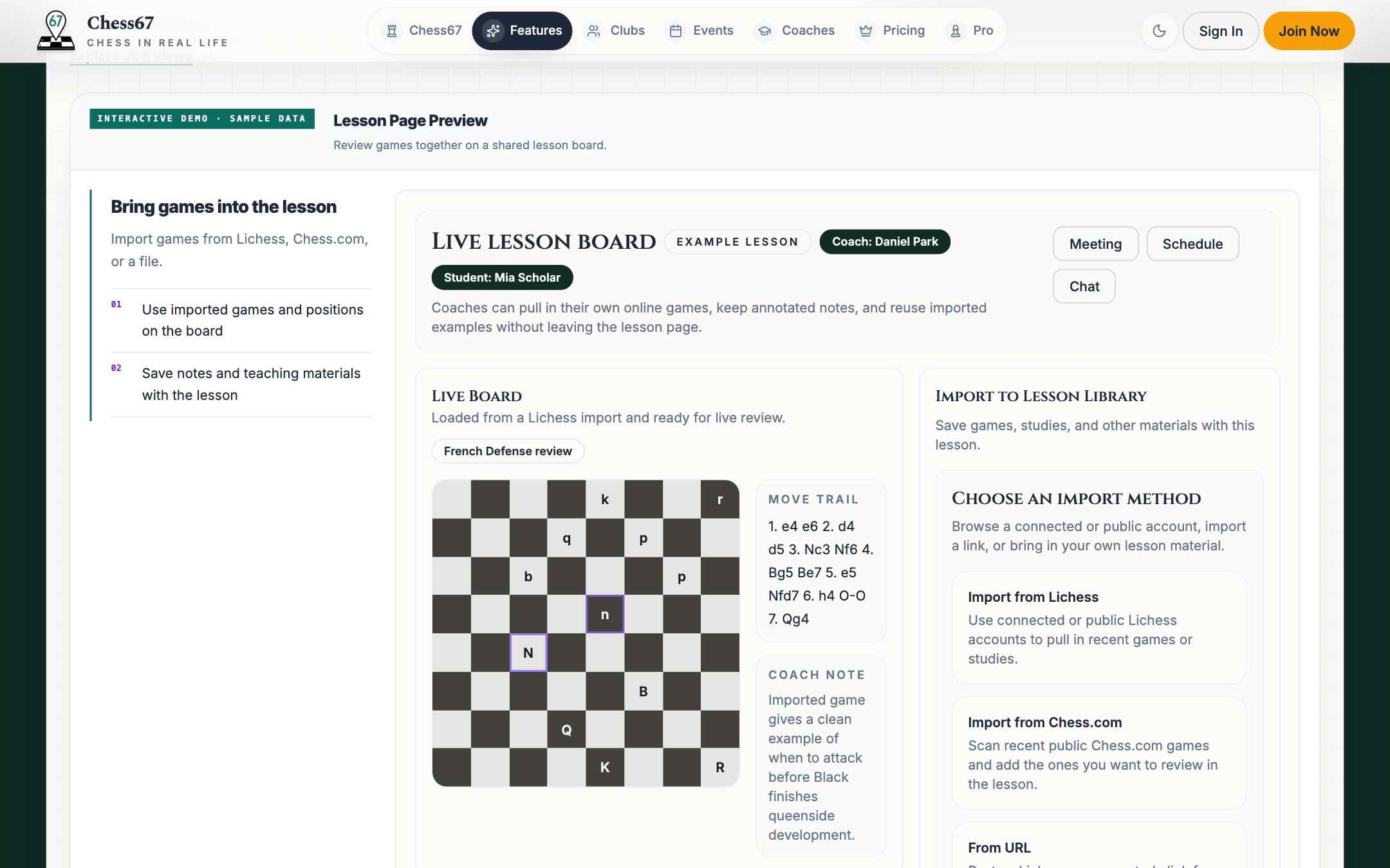 Live lesson board with video and shared analysis
