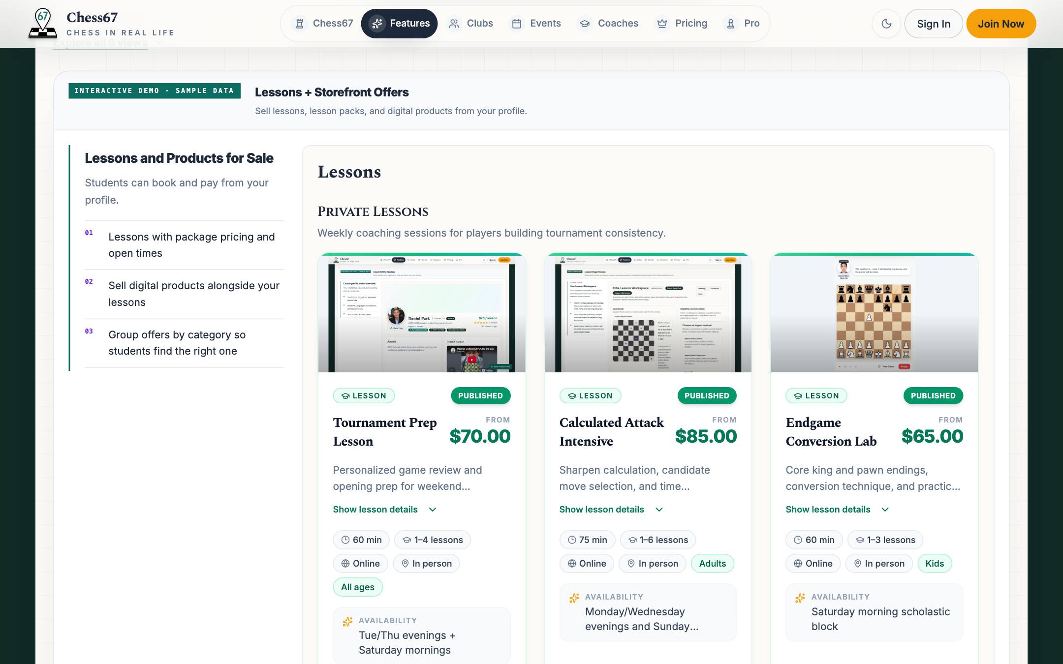 Chess67 coach storefront showing lesson packages with pricing tiers and purchase buttons