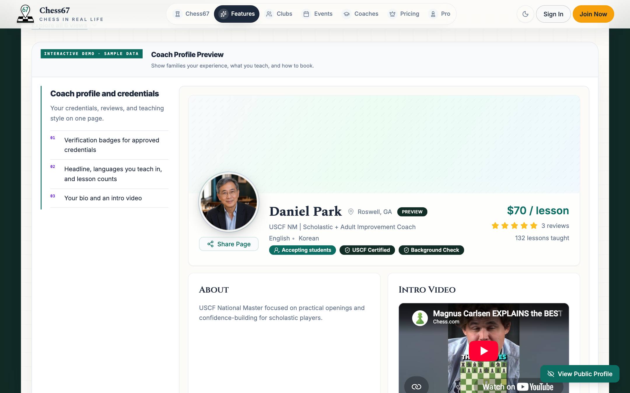 Chess67 public chess coach profile with hourly rate, reviews, verification badges, and lesson booking actions