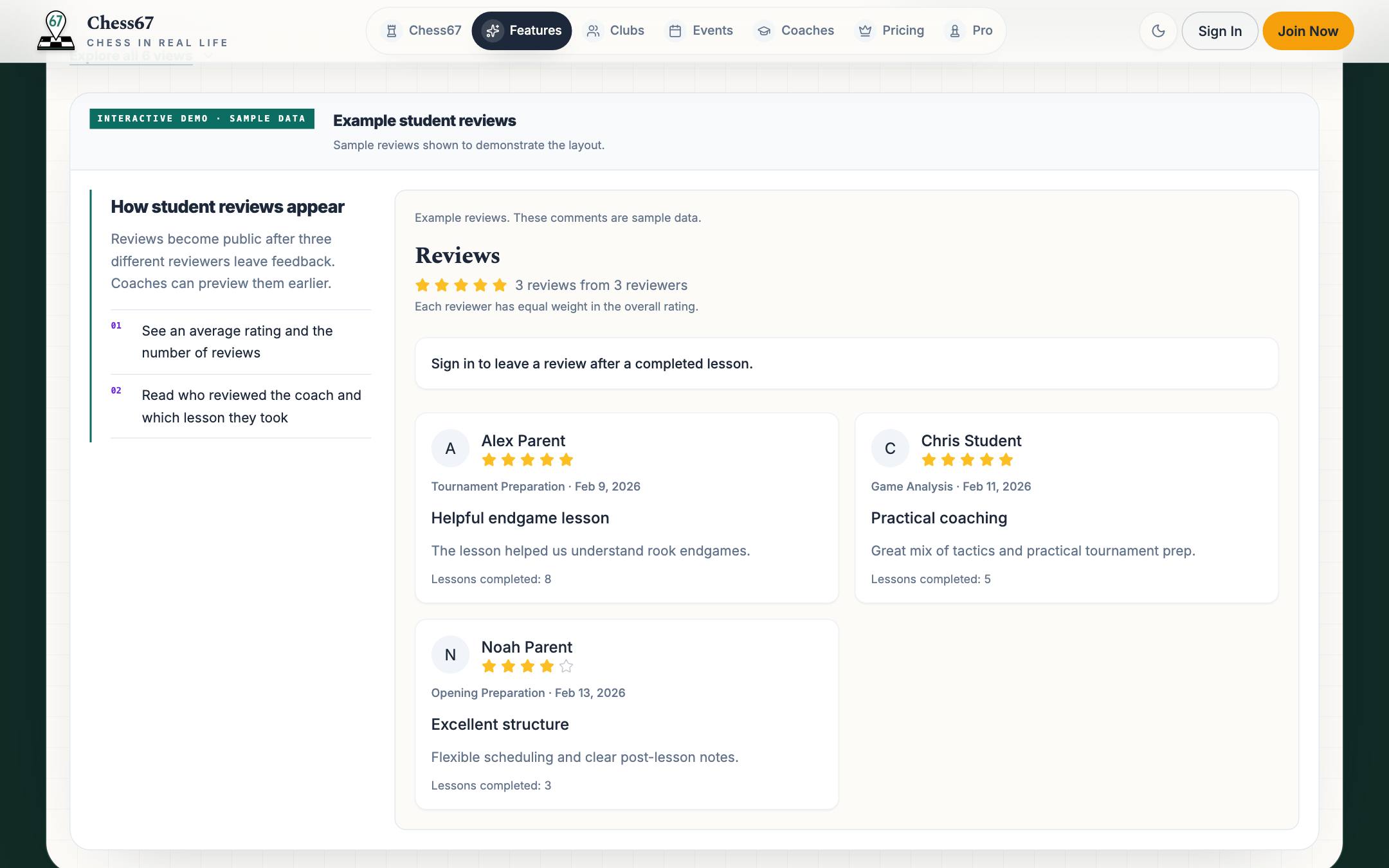 Chess67 coach reviews section with star ratings and written feedback from students and parents