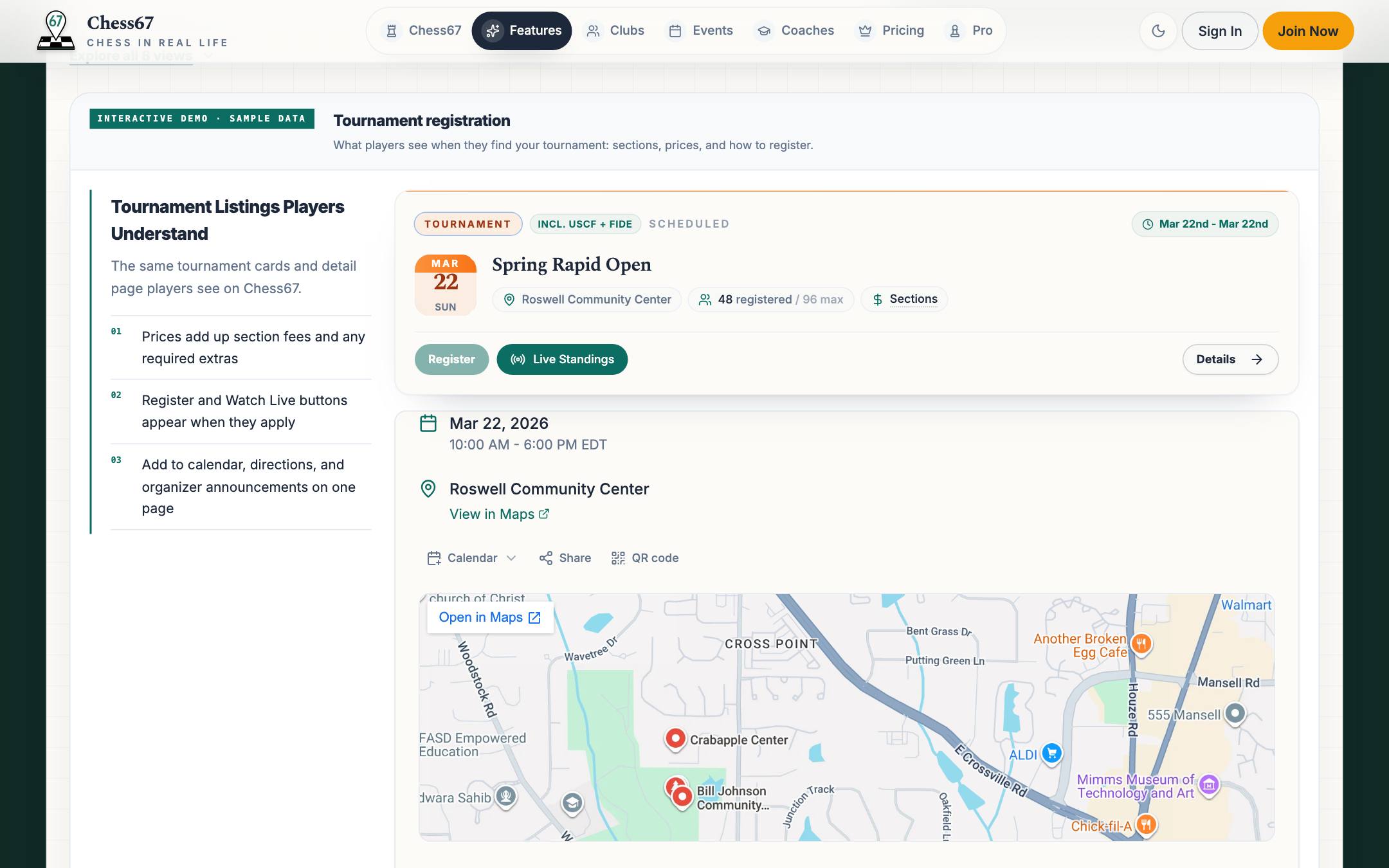 Chess67 chess registration page for a rated tournament with schedule, location map, pricing, and a Register button