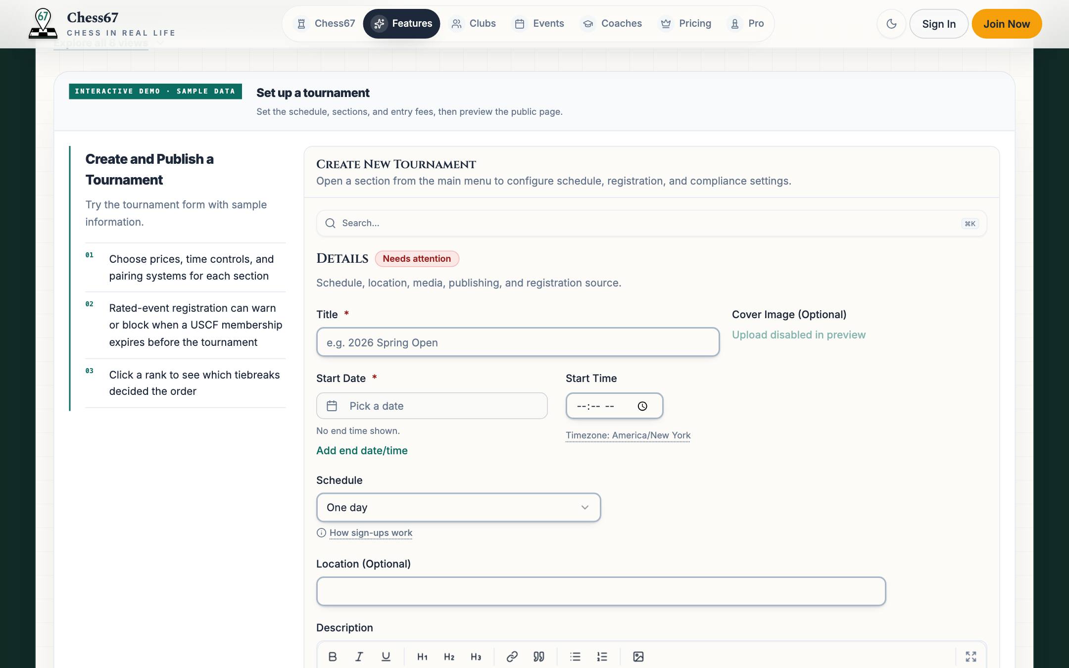 Sample tournament setup with tournament details and section settings