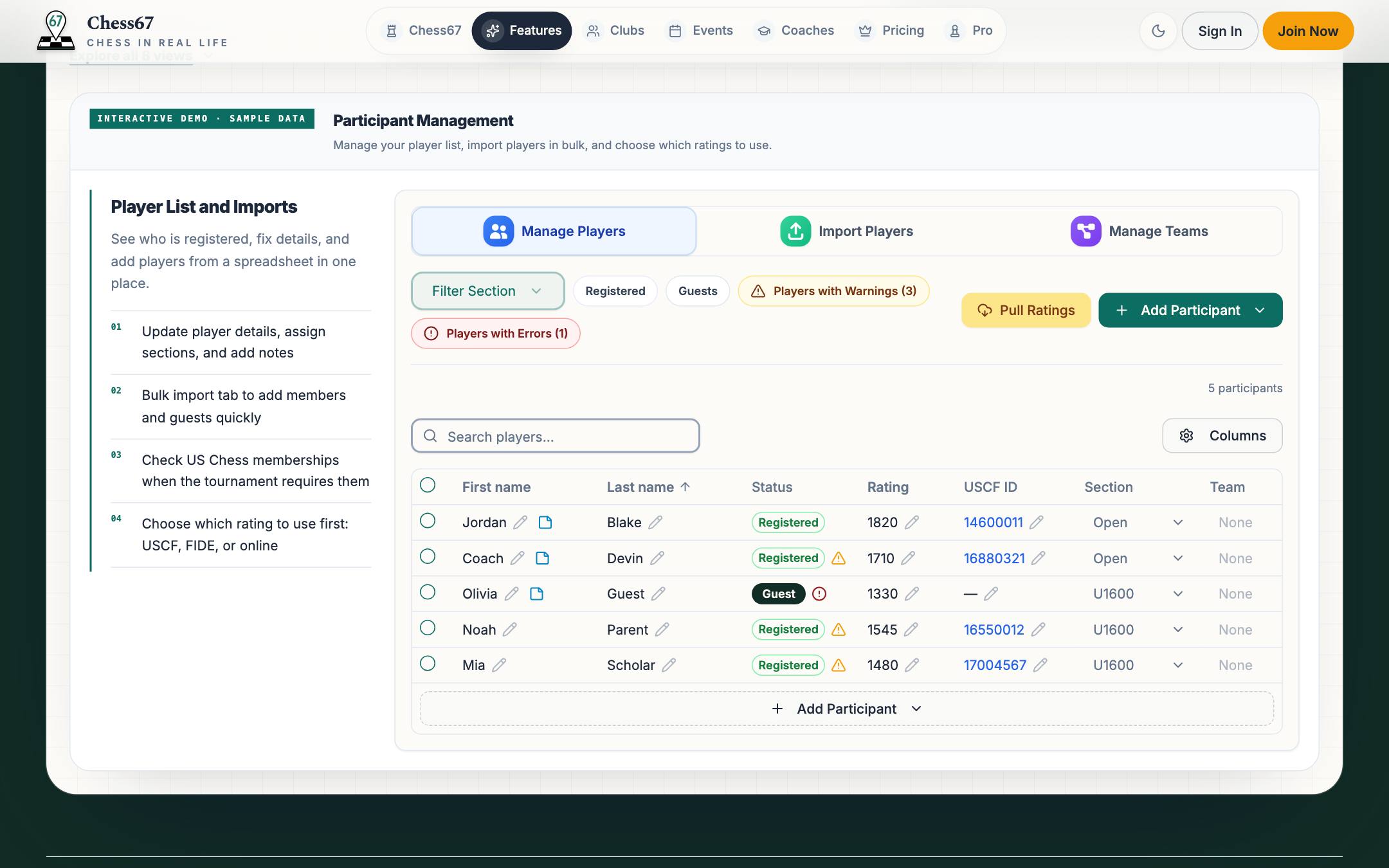 Participant management with ratings, sections, and batch import